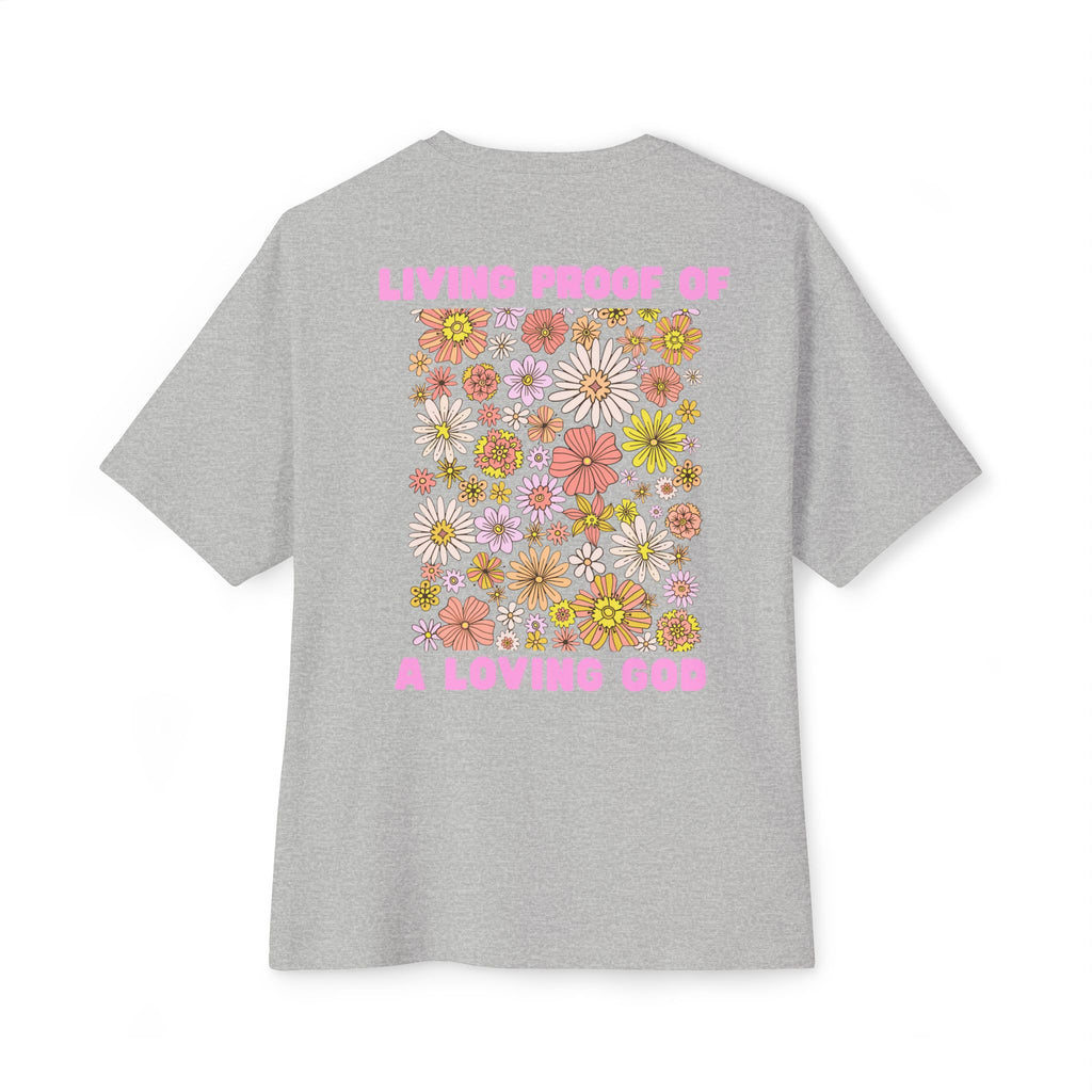 "Living Proof of a Loving God" Floral Oversized Tee - White Cross
