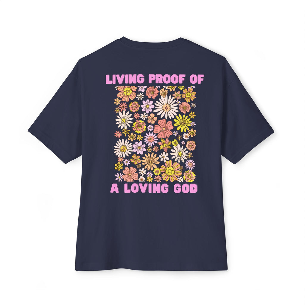 "Living Proof of a Loving God" Floral Oversized Tee - White Cross